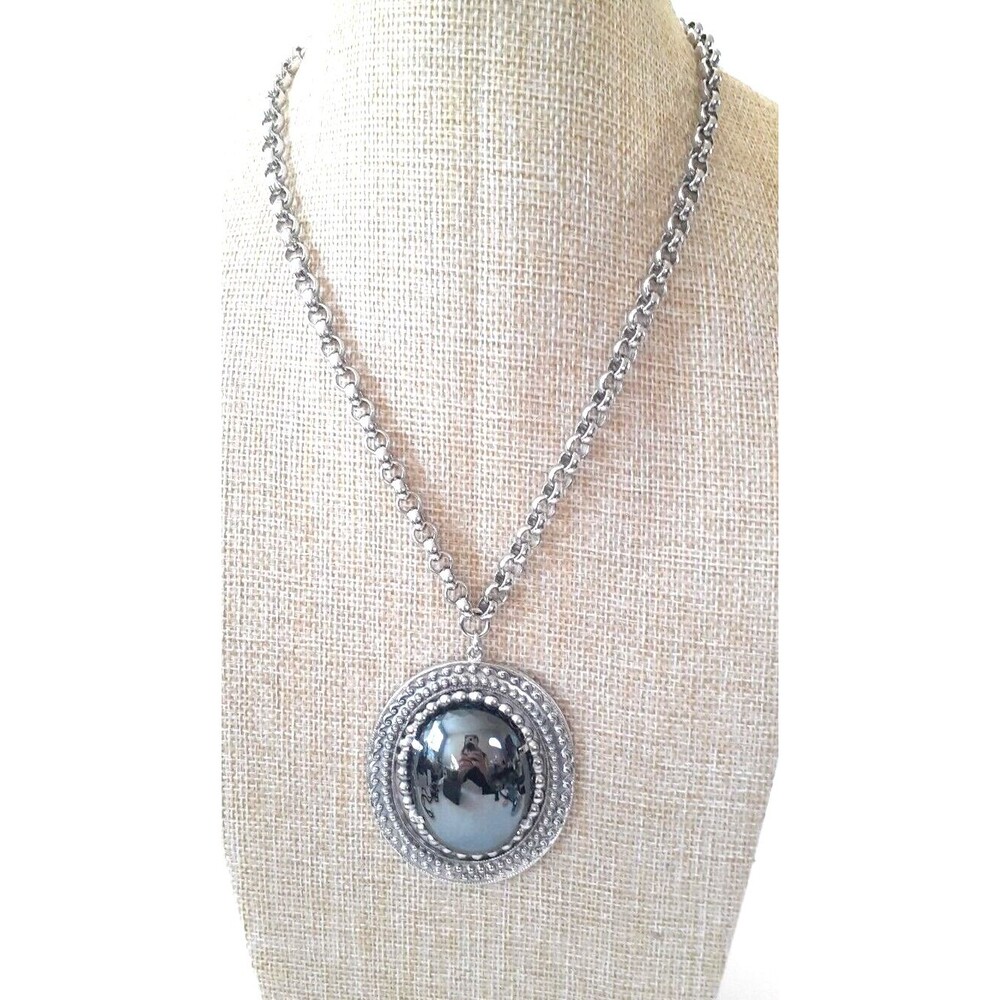 Vintage Whiting and Davis Signed Ornate Hematite Cabochon Statement Necklace